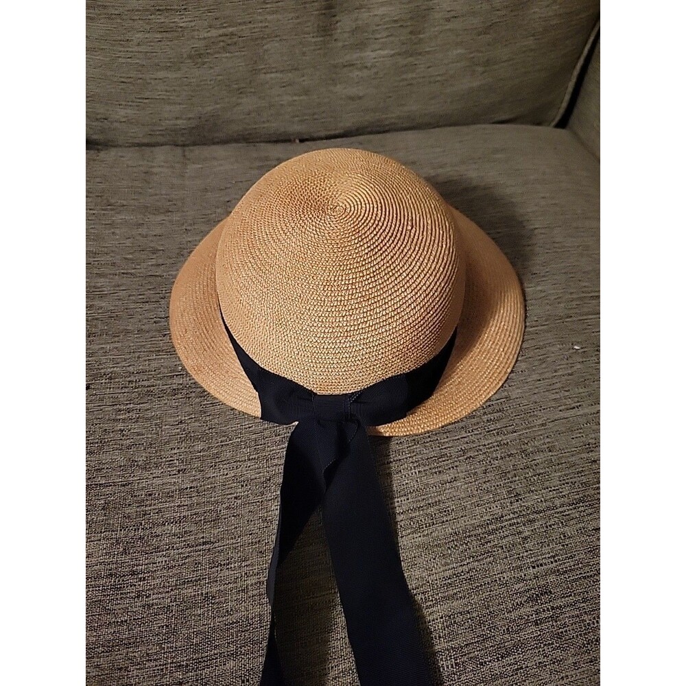 Vtg MSC Tan Black Straw Hat Bow Classic Small Size 21.5